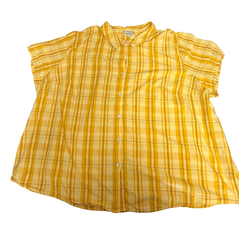 Woman Within Yellow Plaid Button Down Shirt Cottagecore 5X Plus Cotton Top